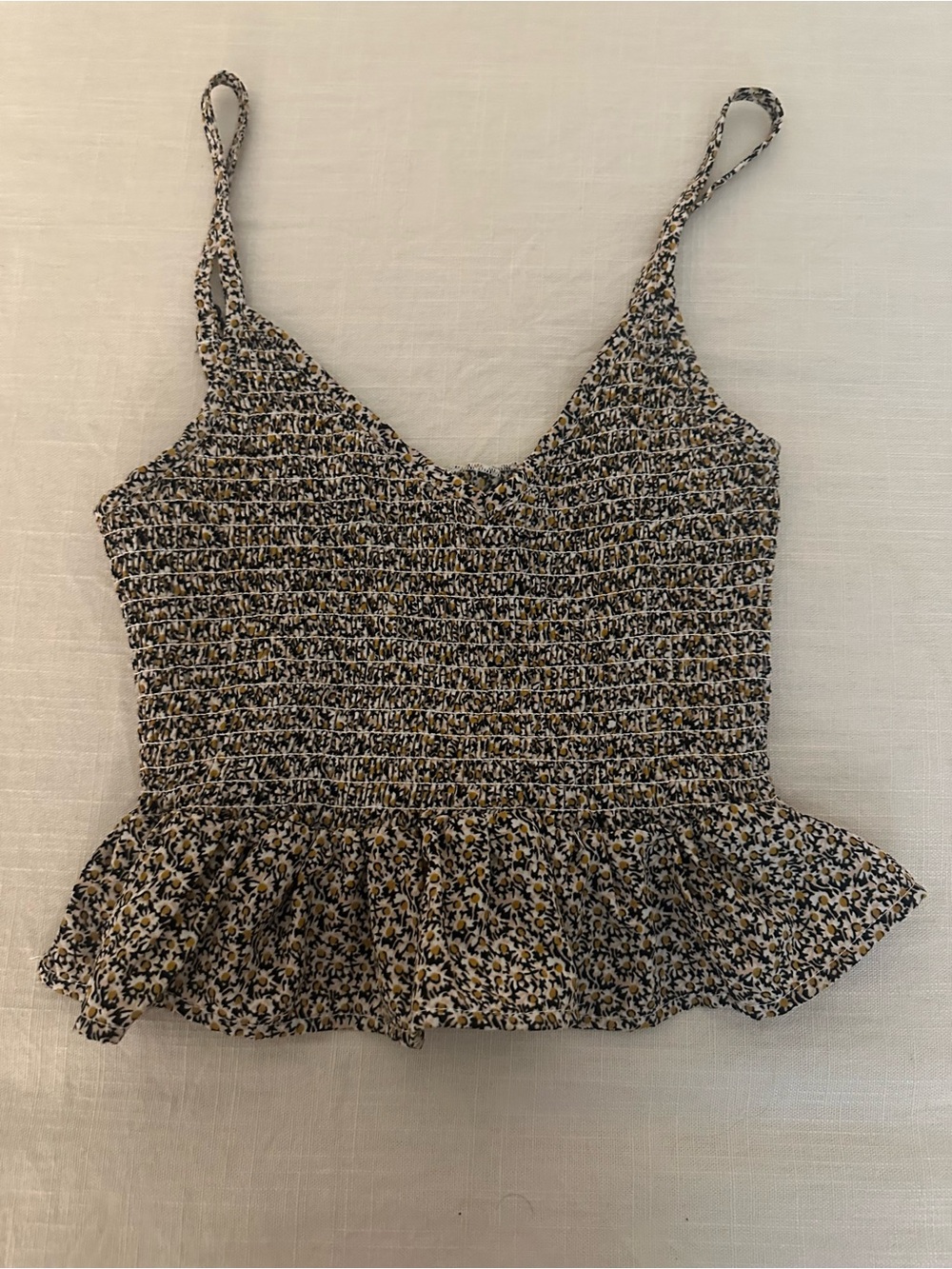 Black and Cream Smocked Floral Peplum Cami